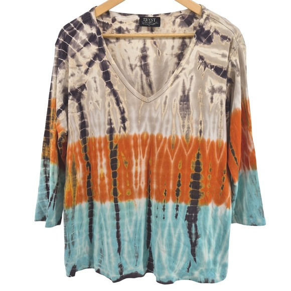 Tryst Tops - Vtg Y2K Tryst by Mathew 1X Tie Dye Cotton Top Long‎ Sleeve Boho Hippie USA Brown